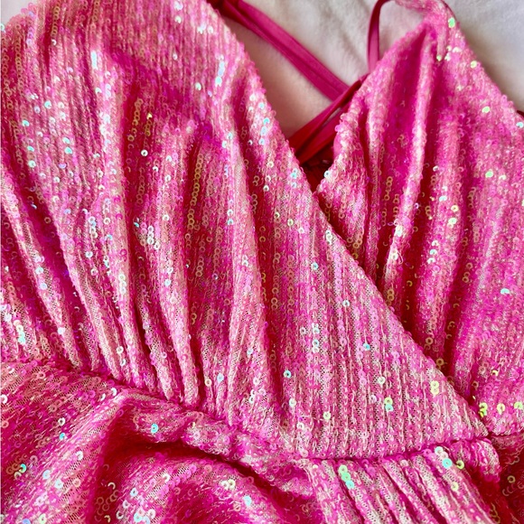 Neon Pink Sequin Mini Wrap Dress - Picture 4 of 4